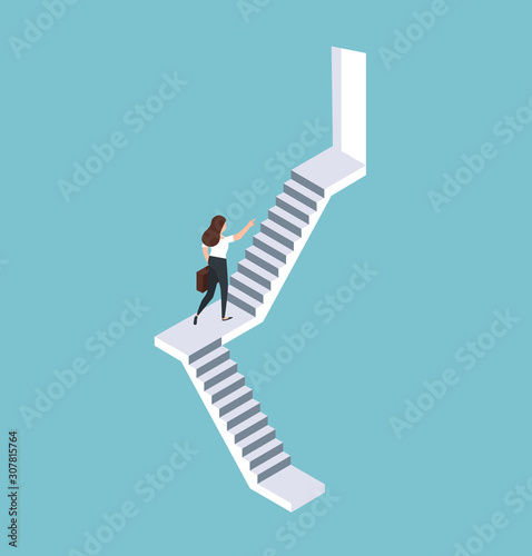 Businesswoman walking up staircase isometric concept