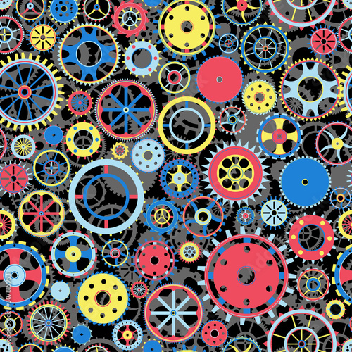 Seamless pattern with collection of gears. Colorful mechanical background. Vector illustration