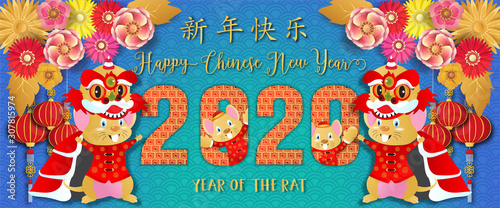 Chinese new year 2020. Year of the rat. Background for greetings card  flyers  invitation. Chinese Translation  Happy Chinese New Year Rat. 