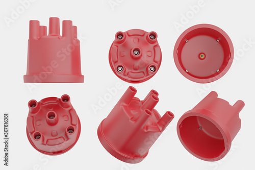 Automotive spare parts ignition distributor cap on white background. 3d rendering