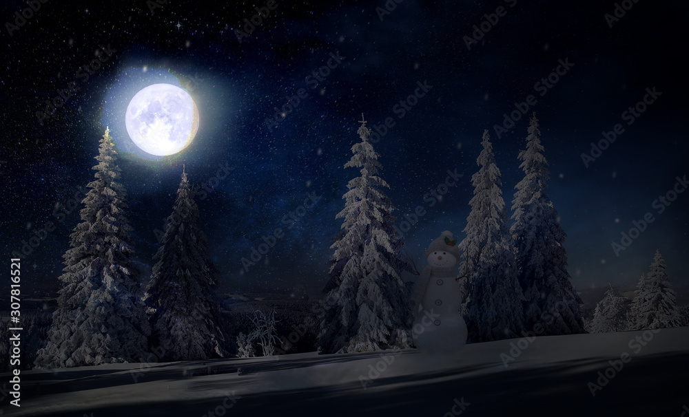 Fabulous Christmas landscape. Coniferous forest, snowman and full moon	