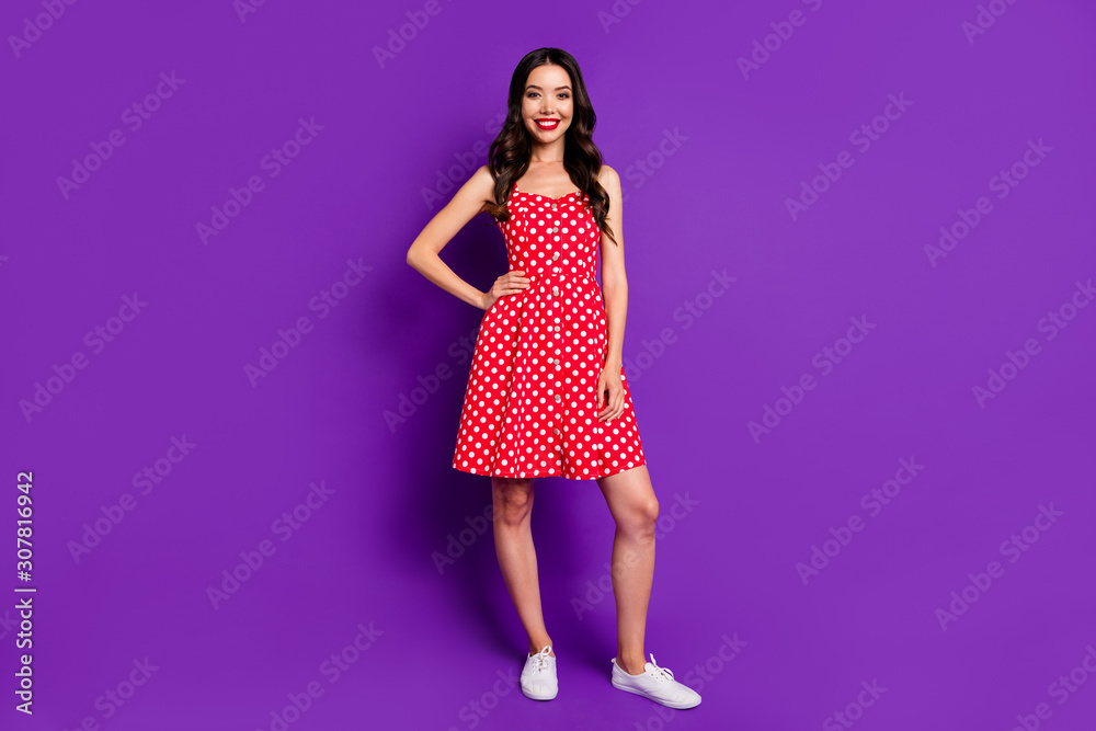 Full length body size view portrait of her she nice-looking attractive cheerful cheery wavy-haired girl posing spending day isolated on bright vivid shine vibrant lilac purple violet background Full length body size view portrait of her she nice-looking attractive cheerful cheery wavy-haired girl posing spending day isolated on bright vivid shine vibrant lilac purple violet background