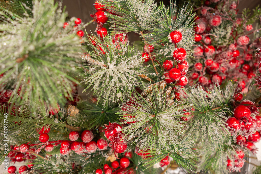 New Year and Christmas still life. Frozen red berries in the winter in the snow.
