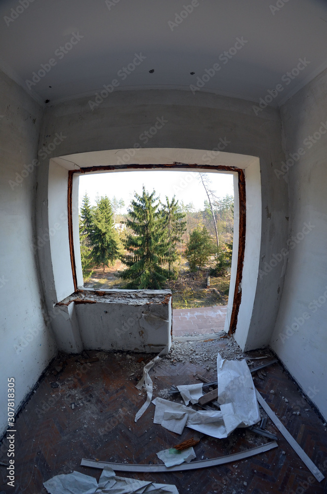 Ghost town in Eastern Europe.Former Soviet kids camp.Ukraine gets rid of the consequences of communism. Ruins. Kiev Region,Ukraine Ghost town in Eastern Europe.Former Soviet kids camp.Ukraine gets rid of the consequences of communism. Ruins. Kiev Region,Ukraine