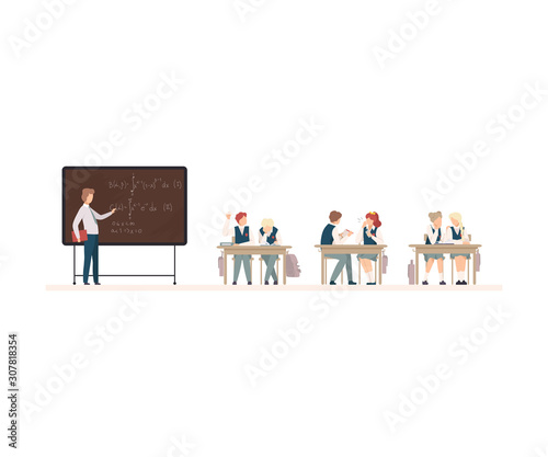 Naughty Pupils Sitting At School Desk Vector Illustration