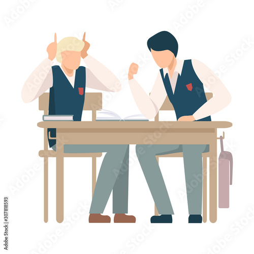 Two Boys Sitting At School Desk and Talking Vector Illustration