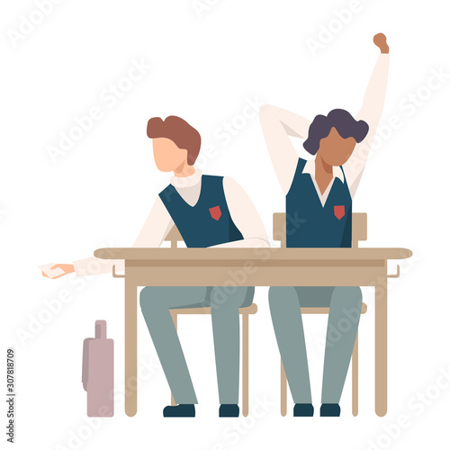 Boys Sitting At School Desk and Yawning During Lesson Vector Illustration