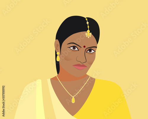 Portrait of a beautiful indian woman. A young Hindu girl in traditional clothes and with golden jewelry. Woman in yellow sari and tika, teak in her hair. Isolated silhouette on a yellow background.