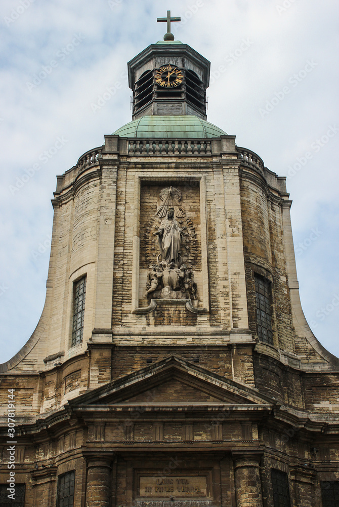 Close up of the facade of Our Lady of Finistere church in Brussels, Belgium