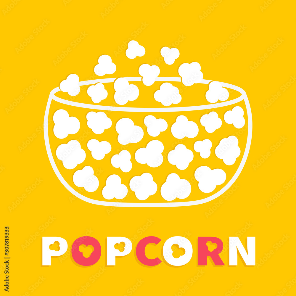 Popcorn text. Big white glass box. Cinema movie night line icon. Pop corn food. Flat design style. Yellow background. Isolated.