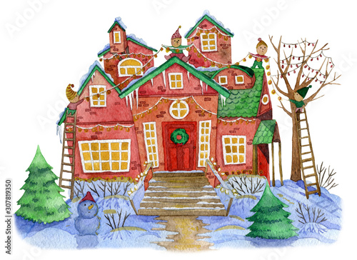 Gnomes decorating house with Christmas lights outdoors. Snowy house, fir-trees, snowman in Christmas holiday season. Watercolor illustration © kateja