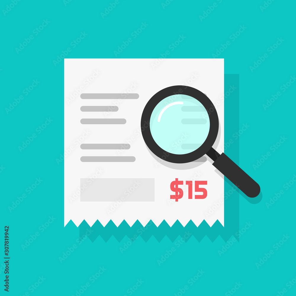 Receipt with magnifier glass researching fraud payment or check bill payment vector icon flat cartoon, idea of sale or cost verification, audit tax analysis or invoice register, budget calculation Receipt with magnifier glass researching fraud payment or check bill payment vector icon flat cartoon, idea of sale or cost verification, audit tax analysis or invoice register, budget calculation