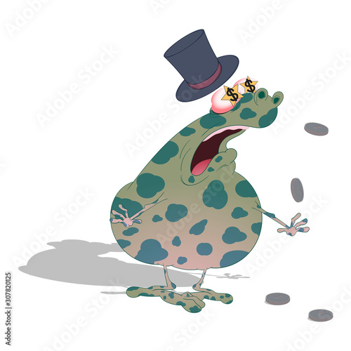 the fat spotted toad in the hat won the jackpot and received a cash prize. Vector illustration on a white background with shadow.