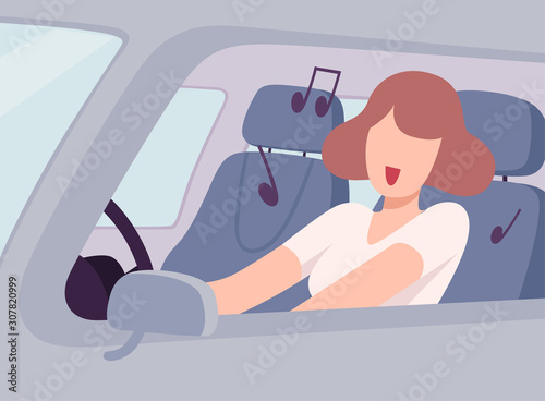 Young Woman Driving a Car and Listening to Music, View from the Inside, Female Driver Character Holding Hands on a Steering Wheel Vector Illustration