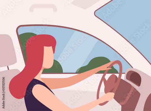 Young Woman Driving a Car, View from the Inside, Female Driver Character Holding Hands on a Steering Wheel Vector Illustration