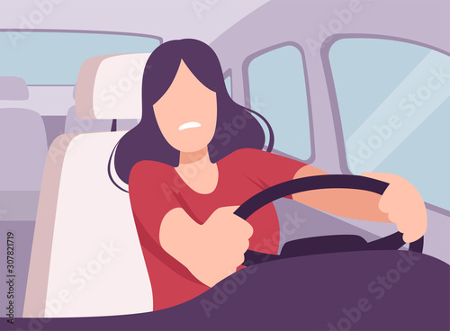 Scared Young Woman Driving a Car, View from the Inside, Female Driver Character Holding Hands on a Steering Wheel Vector Illustration