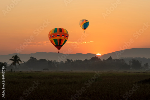 Hotair balloon in the morning sky floating through the rice fields