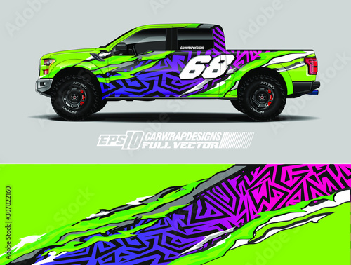vehicle graphic livery design vector. Graphic abstract stripe racing background designs for wrap cargo van, race car, pickup truk, adventure vehicle.