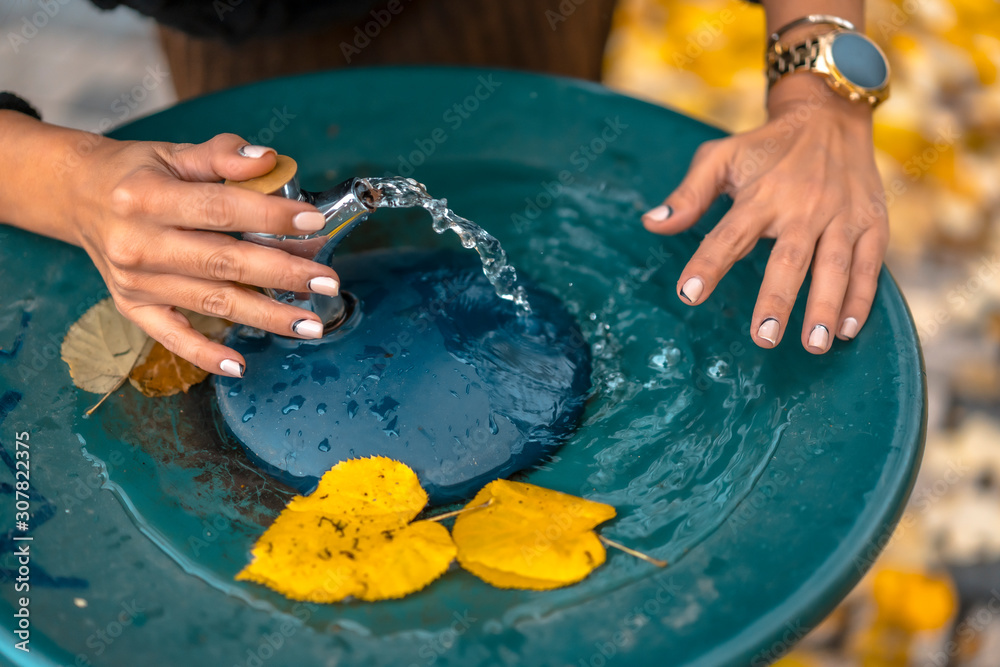 Obraz premium Hands of a young girl in a water fountain with some leaves in autumn