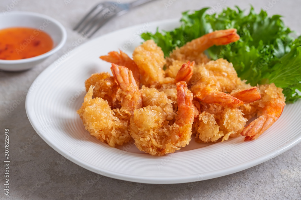 Fried shrimp and vegetable on plate Fried shrimp and vegetable on plate