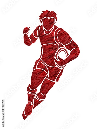 Rugby player action cartoon sport graphic vector.