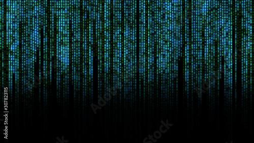 Binary matrix background. Falling sign on dark backdrop. Abstract data concept. Blue and green futuristic cyberspace