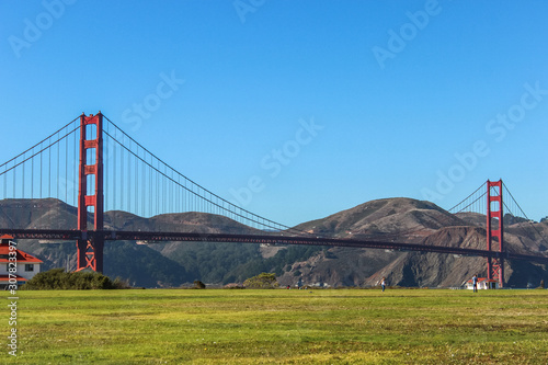 Crissy Field, a former U.S. Army airfield, is now part of the Golden Gate National Recreation Area in San Francisco Bay. Golden Gate Bridge in the background.