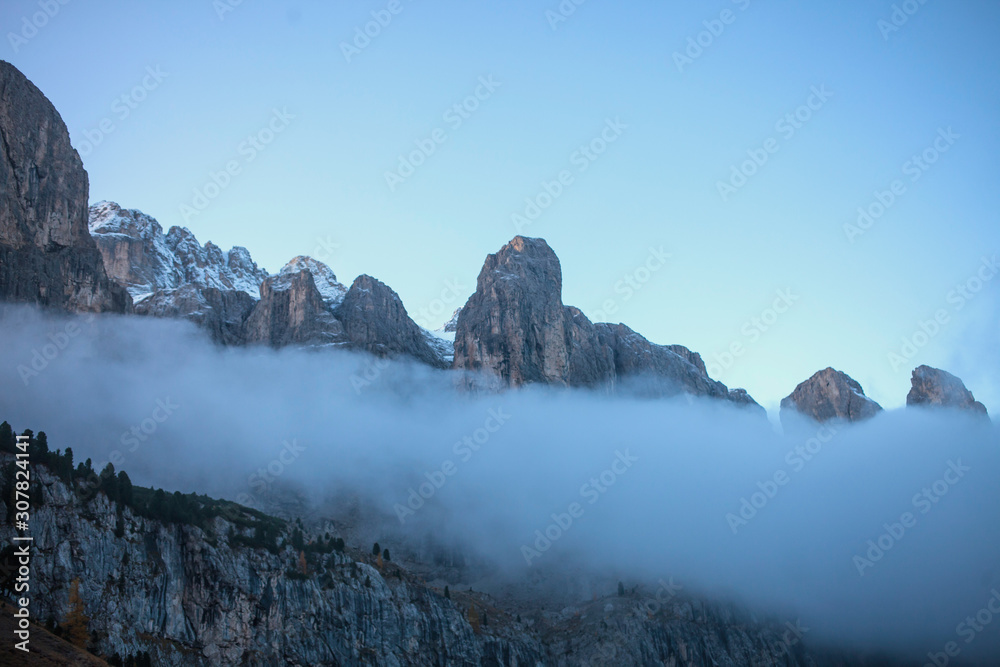 Cold Misty Morning in Amazing Alpine Mountains