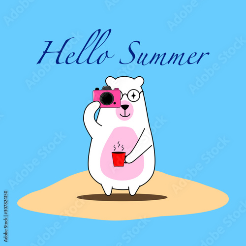 Cute bear holding camera and coffee cup, Hello Summer, Hand draw doodle cartoon style.