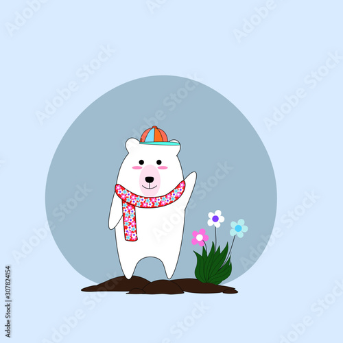 Cute white bear wears a hat and scarf, Summer concept, Hand draw doodle cartoon style.