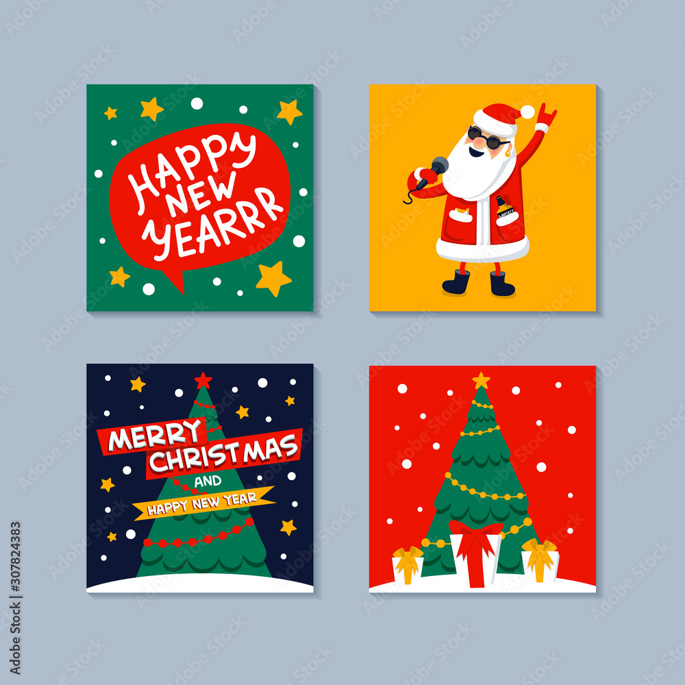 Happy New year mini greeting card. Singing Santa Claus, gifts, christmas tree and happy new year inscription on a speech bubble. Xmas greeting card. Flat style vector illustration Happy New year mini greeting card. Singing Santa Claus, gifts, christmas tree and happy new year inscription on a speech bubble. Xmas greeting card. Flat style vector illustration