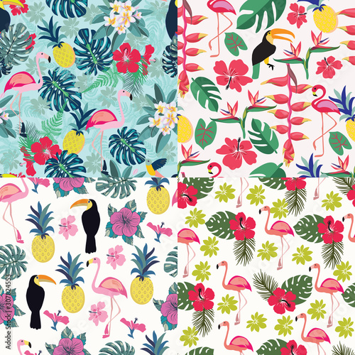  set of Seamless decorative pattern with flamingo  toucan and tropical flowers and leaves