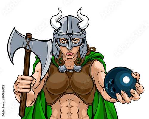 A Viking female warrior woman gladiator ten pin bowling sports mascot