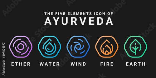 The Five elements icon of Ayurveda with ether water wind fire and earth Line Rounded hexagon icon sign vector design photo