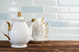 Close up photo of porcelain dishware for tea