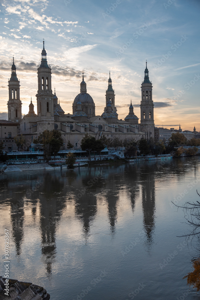 Zaragoza November 29, 2019, Rio Ebro as it passes through the city of Zaragoza