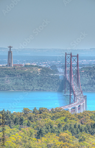 Aerial view of Bridge of 25th April and National sanctuary of Cristo Rei in Lisbon, Portugal photo