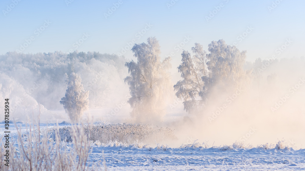 Winter nature. Snowy scene on riverside. Beautiful winter landscape. Christmas background. Misty frosty morning on river. White nature landscape with hoarfrost Winter nature. Snowy scene on riverside. Beautiful winter landscape. Christmas background. Misty frosty morning on river. White nature landscape with hoarfrost