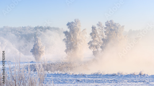 Winter nature. Snowy scene on riverside. Beautiful winter landscape. Christmas background. Misty frosty morning on river. White  nature landscape with hoarfrost © dzmitrock87