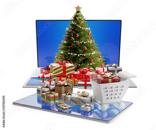 online shopping concept. computer and christmas gifts 3d-illustration