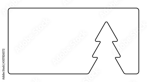 Contour of a Christmas tree in a triangular shape from a black continuous line on a white background. New Year minimalistic design for greeting cards, banners with place for text.