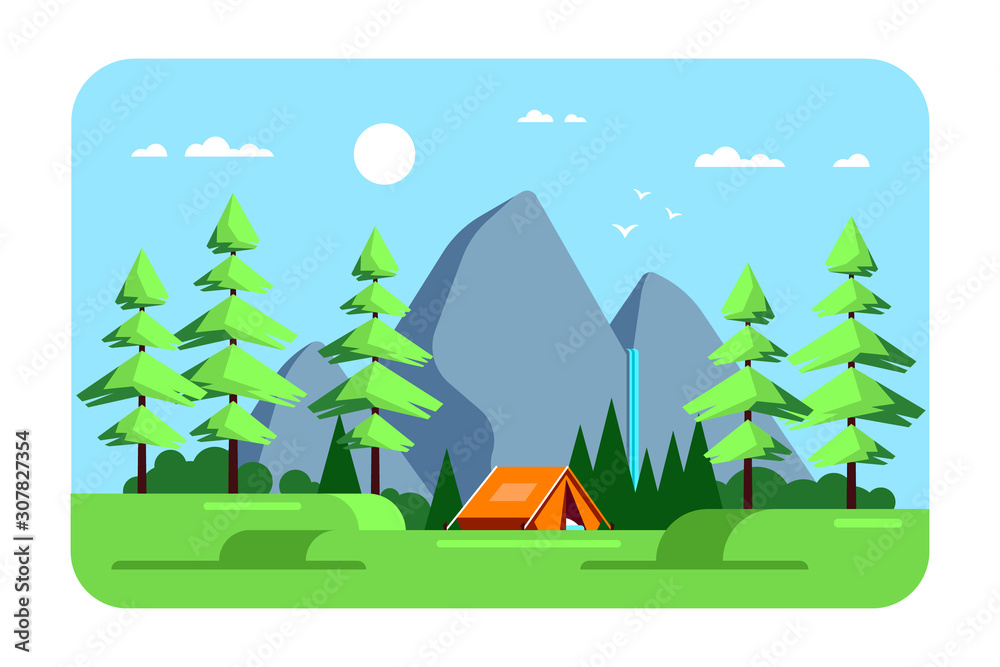 Summer landscape, camping area, flat design illustration