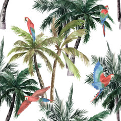 Handdoek met foto Papegaai patronen Aquarel papegaai met palmbomen jungle  © natikka