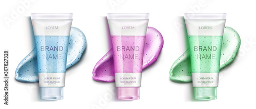 Cosmetic scrub bottles and smears set. Beauty cosmetics peeling product for face care with cream or gel brush strokes isolated on white background. Tube package design Realistic 3d vector illustration
