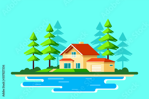 Family cottage house in the forest, Flat design illustration.