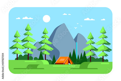 Summer landscape, camping area, flat design illustration