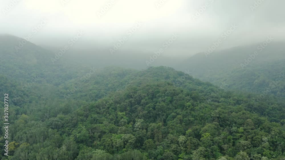 Aerial view of flying over foggy green forest mountain in a rural landscape. Aerial view of flying over foggy green forest mountain in a rural landscape.