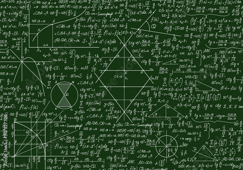 Educational school vector seamless pattern with math formulas  handwritten  on the green chalkboard