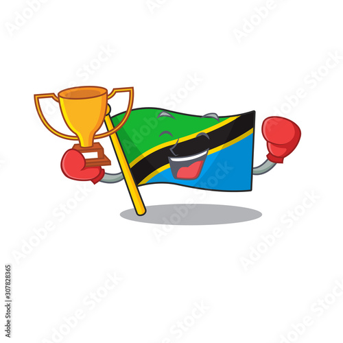 Super cool Boxing winner flag tanzania in mascot cartoon style