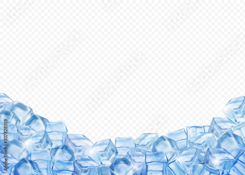 Ice cubes, realistic 3d vector background. Blue Ice transparent blocks surround empty space